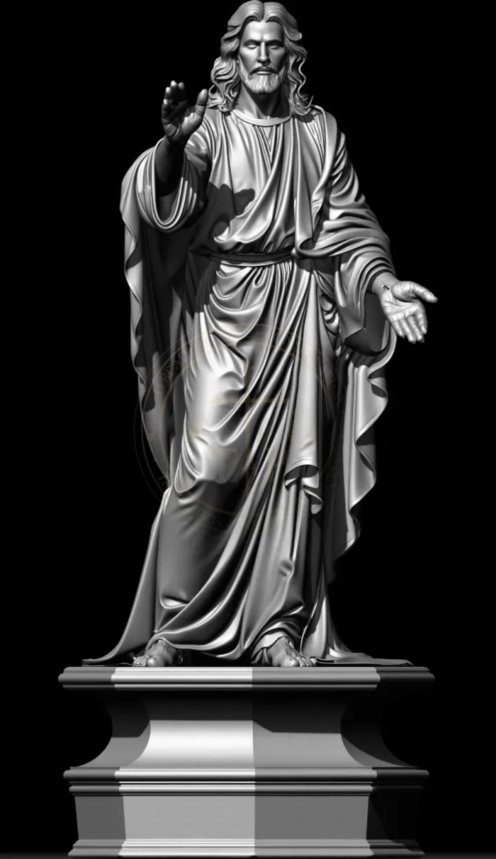 Escultura digital em argila cinza de Cristo em pé sobre pedestal, de túnica e manto drapeados, com a mão direita erguida em bênção e a esquerda estendida em acolhimento, em fundo preto