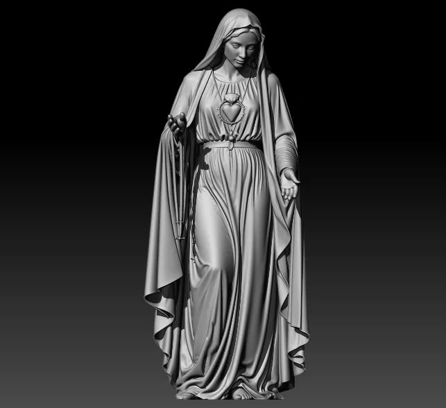 Escultura digital em argila cinza de Nossa Senhora em pé, velada, exibindo o Imaculado Coração ao peito e segurando um terço, com a outra mão aberta em acolhimento