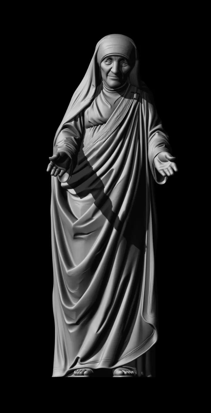 Escultura digital em argila de Santa Teresa de Calcutá de corpo inteiro, com véu estilo sári, braços abertos em acolhimento, sobre fundo preto