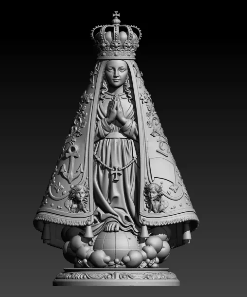 Escultura digital de Nossa Senhora Aparecida, coroada, com manto bordado, âncora e querubins, sobre o globo