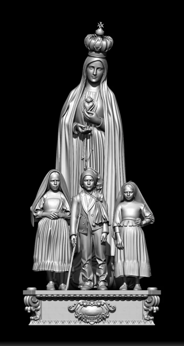 Escultura digital de Nossa Senhora de Fátima coroada, exibindo o Imaculado Coração e terço, acompanhada dos três pastorinhos sobre base ornamentada