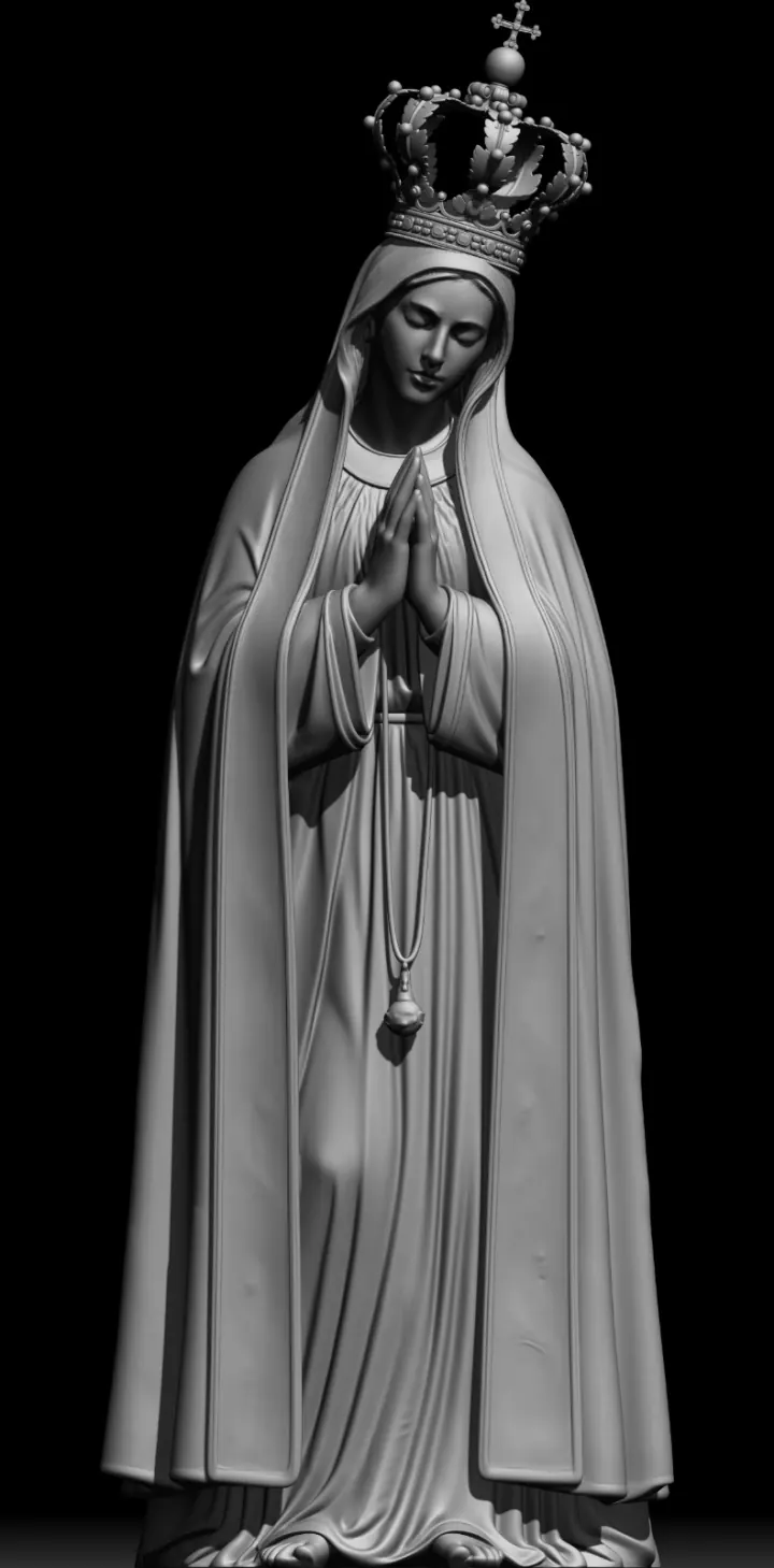 Escultura digital de Nossa Senhora de Fátima coroada, com mãos postas em oração e manto longo, em render monocromático sobre fundo preto