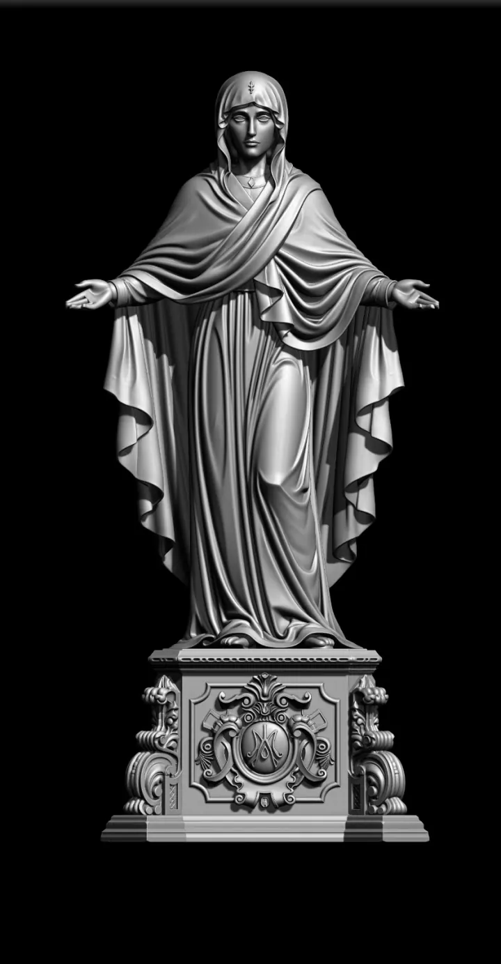 Escultura digital de Nossa Senhora de Pentecostes, de braços abertos, com o monograma mariano no pedestal