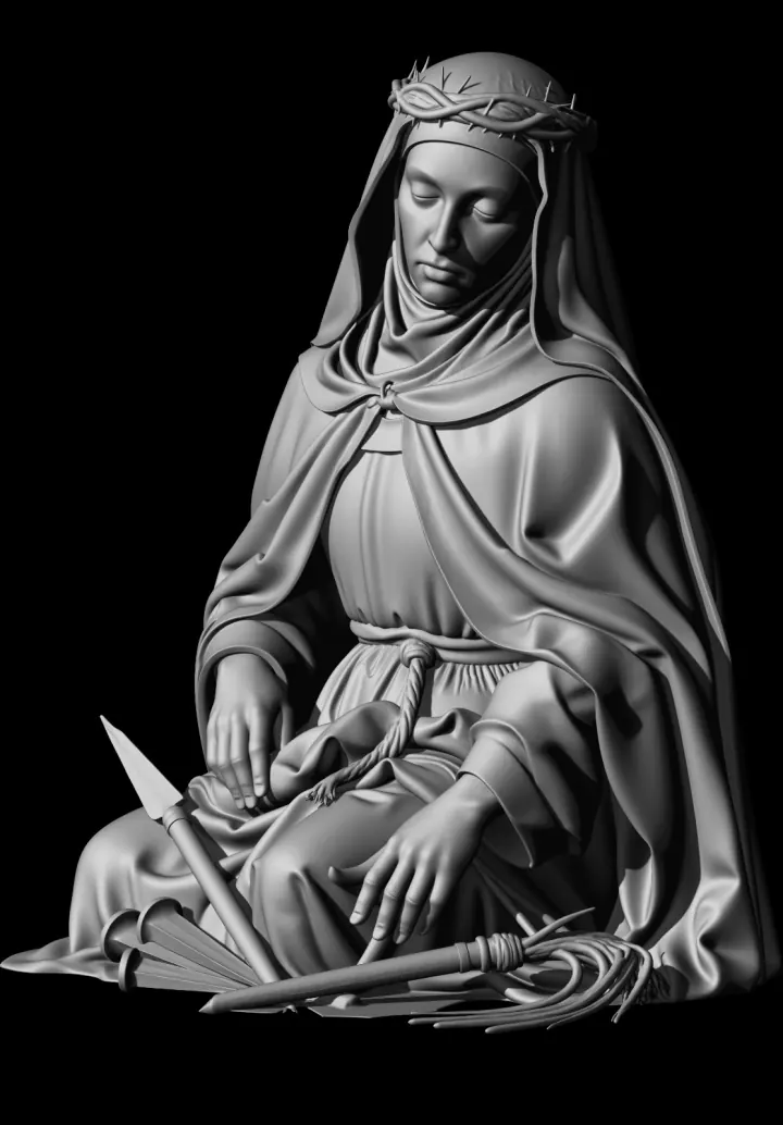 Escultura digital de Santa Catarina de Sena, coroada de espinhos, junto aos instrumentos da Paixão