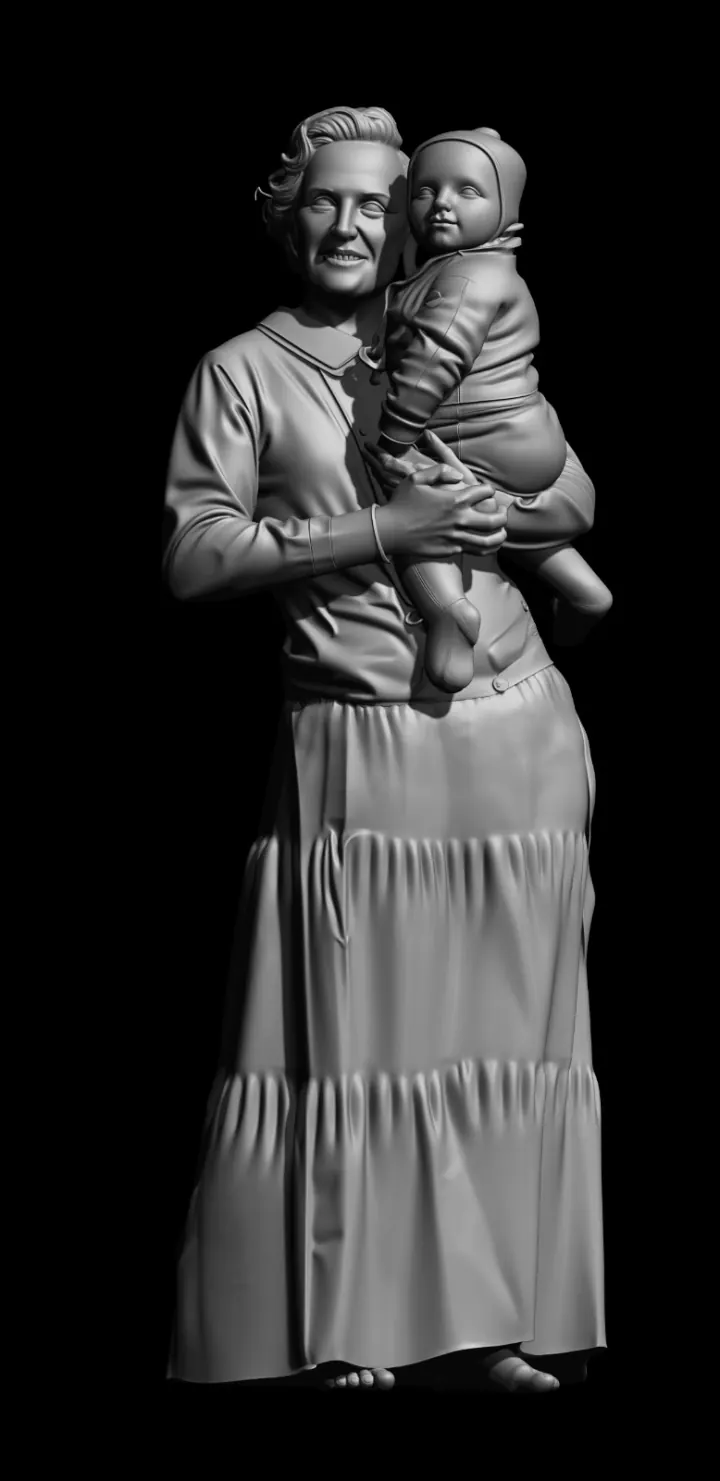 Santa Gianna Beretta Molla com o filho no colo — escultura em argila digital