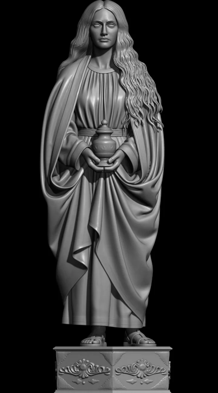 Escultura digital em argila cinza de Santa Maria Madalena, de longos cabelos, segurando o vaso de perfume com as duas mãos, sobre base ornamentada, em fundo preto