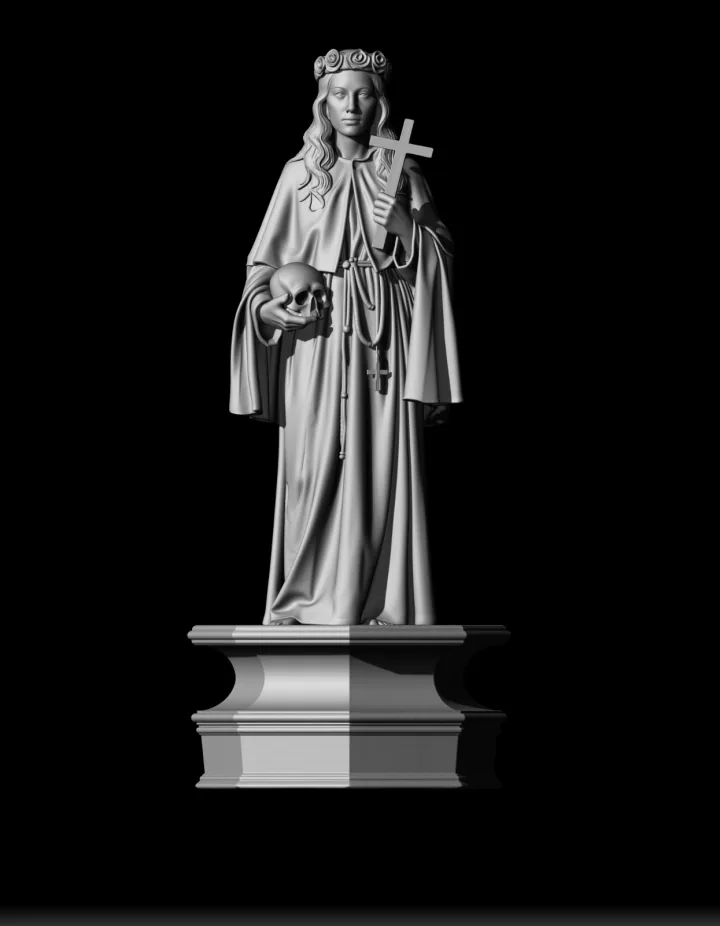 Escultura digital em argila cinza de Santa Rosa de Viterbo, coroada de rosas e com hábito franciscano de cordão, segurando uma cruz e um crânio, sobre base ornamentada, em fundo preto