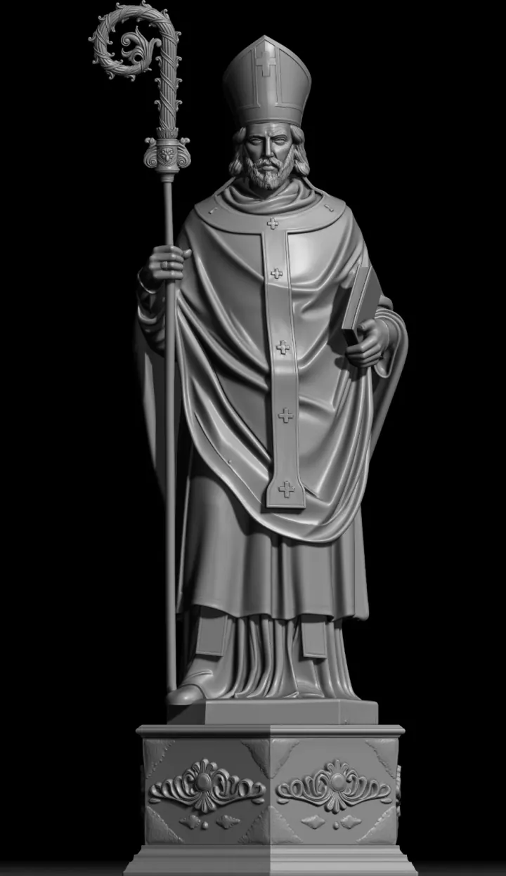 Escultura digital de Santo Arnulfo, com mitra, báculo e livro