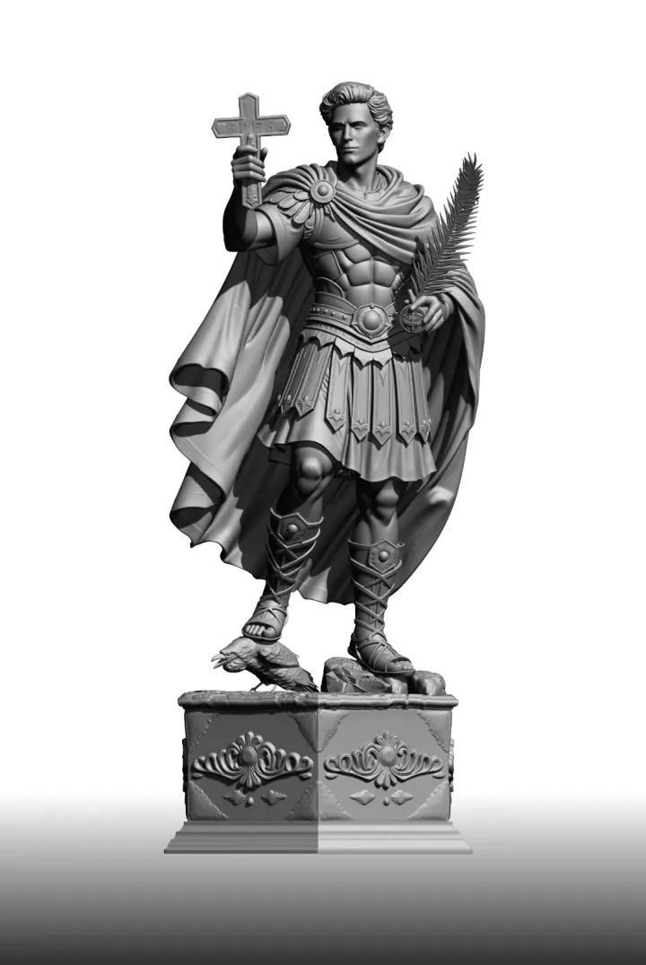 Escultura digital de Santo Expedito em armadura romana, erguendo uma cruz e segurando a palma do martírio, com o corvo sob os pés