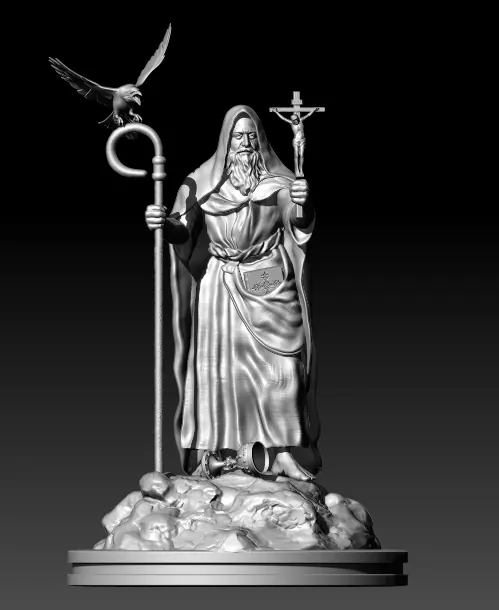 Escultura digital em argila cinza de São Bento com báculo, crucifixo, corvo e cálice quebrado aos pés