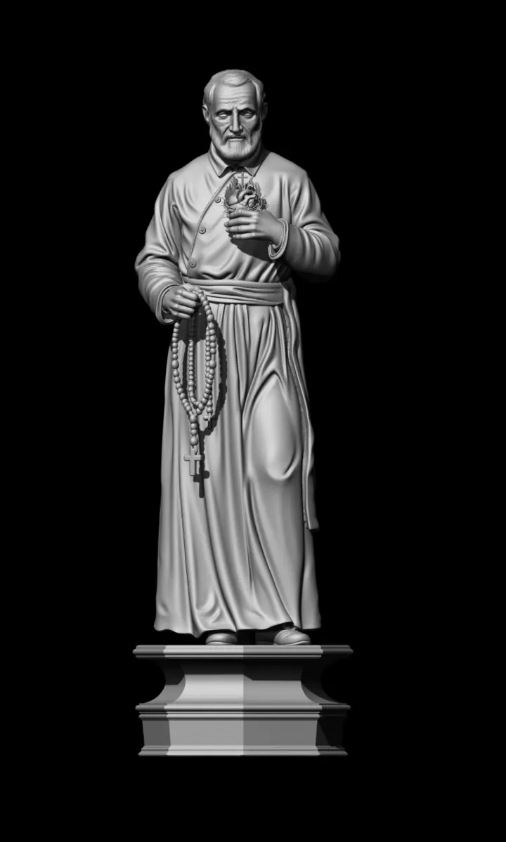 Escultura digital de São Filipe Néri, com o terço e o coração inflamado junto ao peito