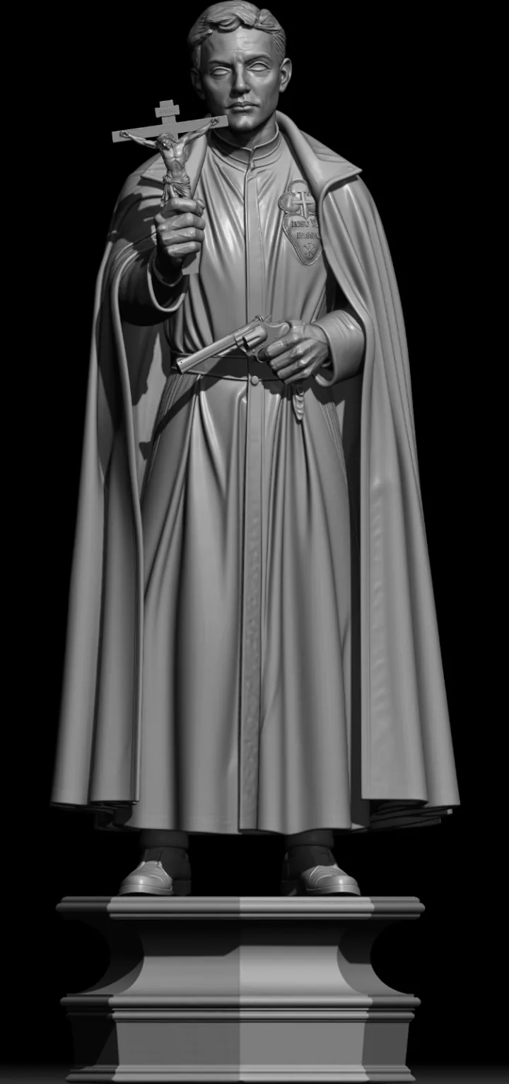 Escultura digital em argila cinza de São Gabriel Possenti, jovem passionista com o distintivo no peito, erguendo um crucifixo e empunhando um revólver, sobre base, em fundo preto