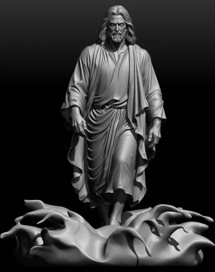Escultura digital de Jesus Cristo, em vestes longas, caminhando sobre águas estilizadas