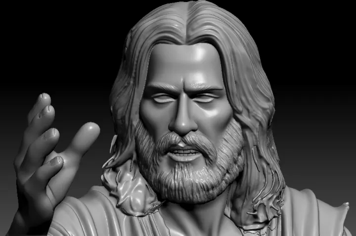 Detalhe do rosto e da mão erguida da escultura de São João Batista