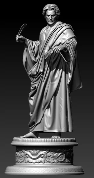 Escultura digital em argila cinza de São João, o discípulo amado, jovem e de vestes longas, empunhando uma pena de escrever, sobre base ornamentada, em fundo escuro