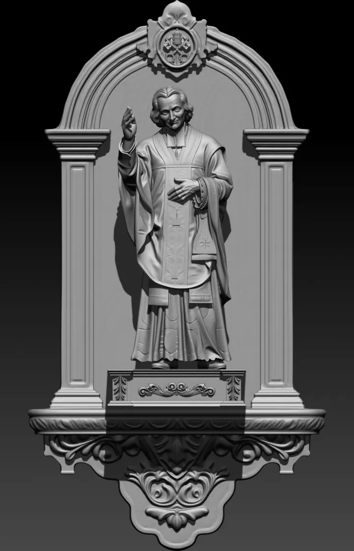 Escultura digital em argila de São João Maria Vianney abençoando, em nicho arquitetônico ornamentado com brasão papal