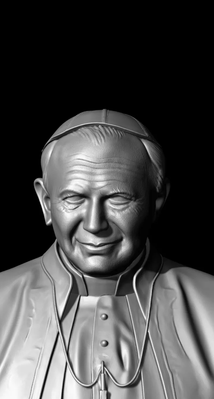 Escultura digital em argila do busto de São João Paulo II, com solidéu e mozeta, sobre fundo preto