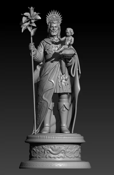 Escultura digital em argila cinza de São José de Botas, coroado, empunhando um ramo de lírios e amparando o Menino Jesus, sobre base ornamentada, em fundo escuro