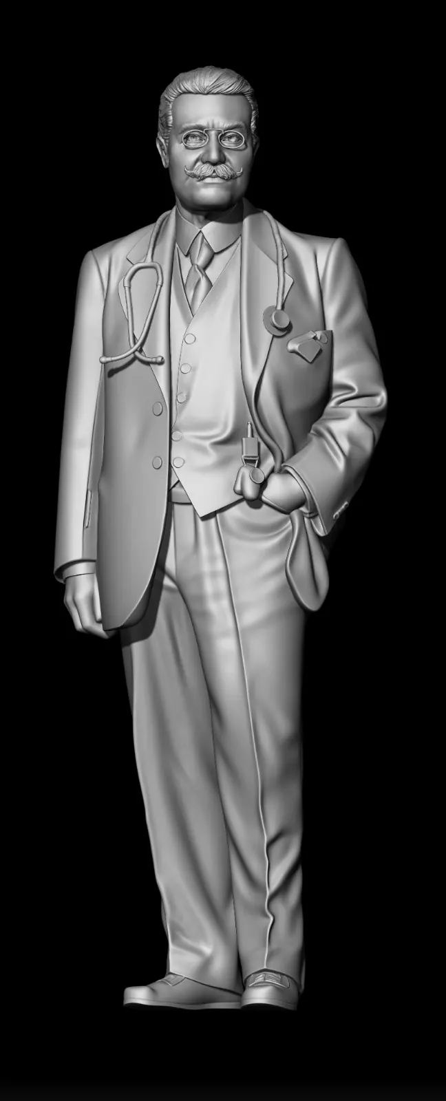 Escultura digital em argila cinza de São José Moscati, médico de terno, chapéu na mão, óculos e estetoscópio, sobre fundo preto