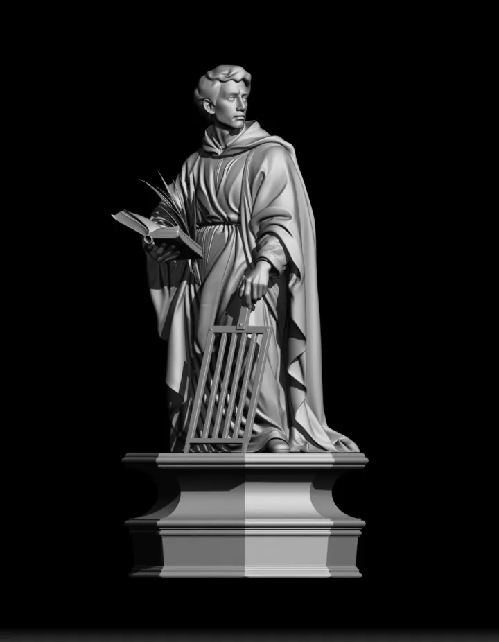 Escultura digital em argila cinza de São Lourenço com livro, palma do martírio e grelha, sobre pedestal clássico em fundo preto