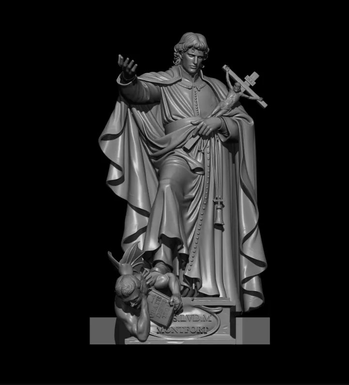 Escultura digital de São Luís Maria Grignion de Montfort segurando crucifixo e rosário, com demônio arrancando o livro "A Verdadeira Devoção" a seus pés