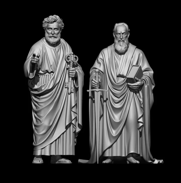 Escultura digital em argila cinza de São Pedro segurando as chaves e São Paulo com espada e livro, ambos de corpo inteiro