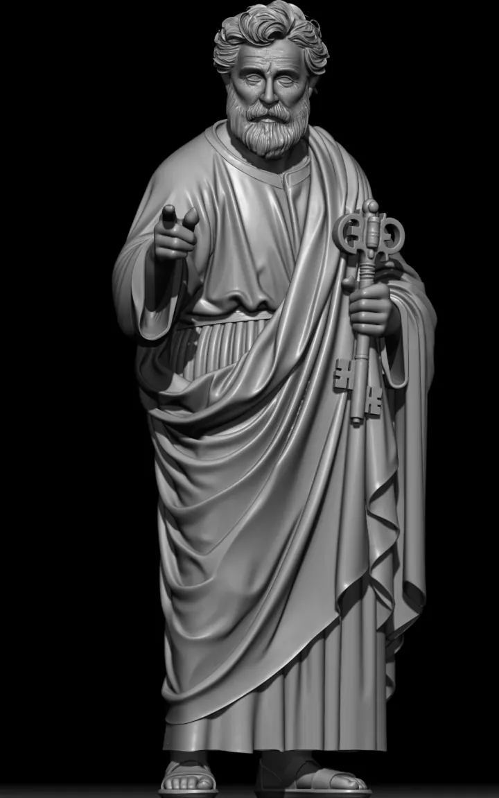 Escultura digital de São Pedro segurando as chaves do Céu, em render monocromático de argila sobre fundo preto