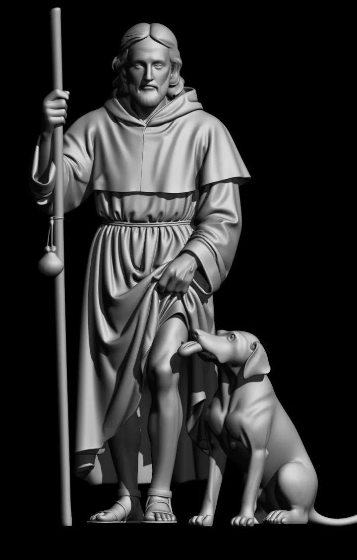 Escultura digital de São Roque, peregrino com cajado e cabaça, erguendo a túnica para mostrar a ferida na perna, com o cão fiel ao seu lado